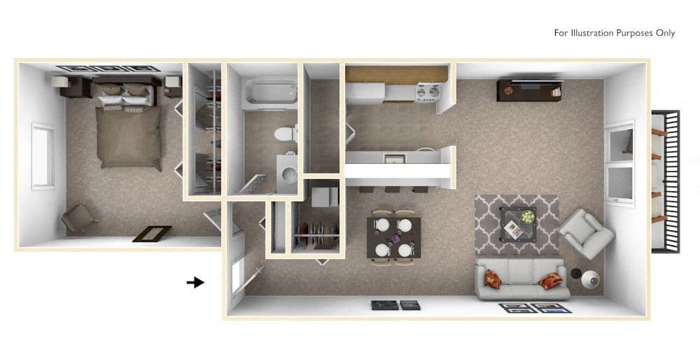 Floor plan for 1 bed, 1 bath, 630 sqft
